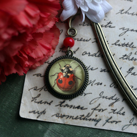 Ladybug Beetle Glass Cabochon Brass Book Hook / Bookmark