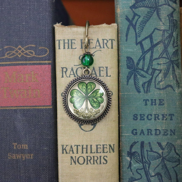 Classic Shamrock Glass Cabochon Brass Book Hook / Bookmark