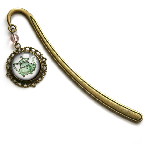 Green Teapot Glass Cabochon Brass Book Hook / Bookmark