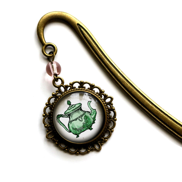 Green Teapot Glass Cabochon Brass Book Hook / Bookmark