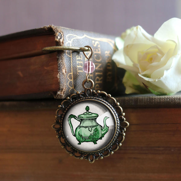 Green Teapot Glass Cabochon Brass Book Hook / Bookmark