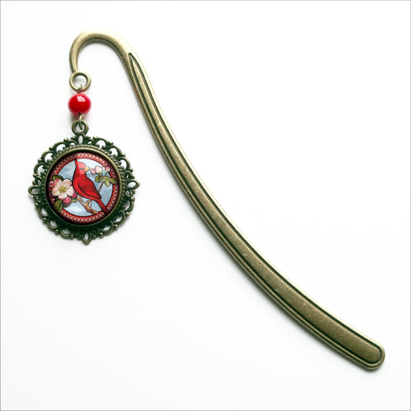 Cardinal Bird Glass Cabochon Brass Book Hook / Bookmark