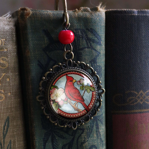 Cardinal Bird Glass Cabochon Brass Book Hook / Bookmark