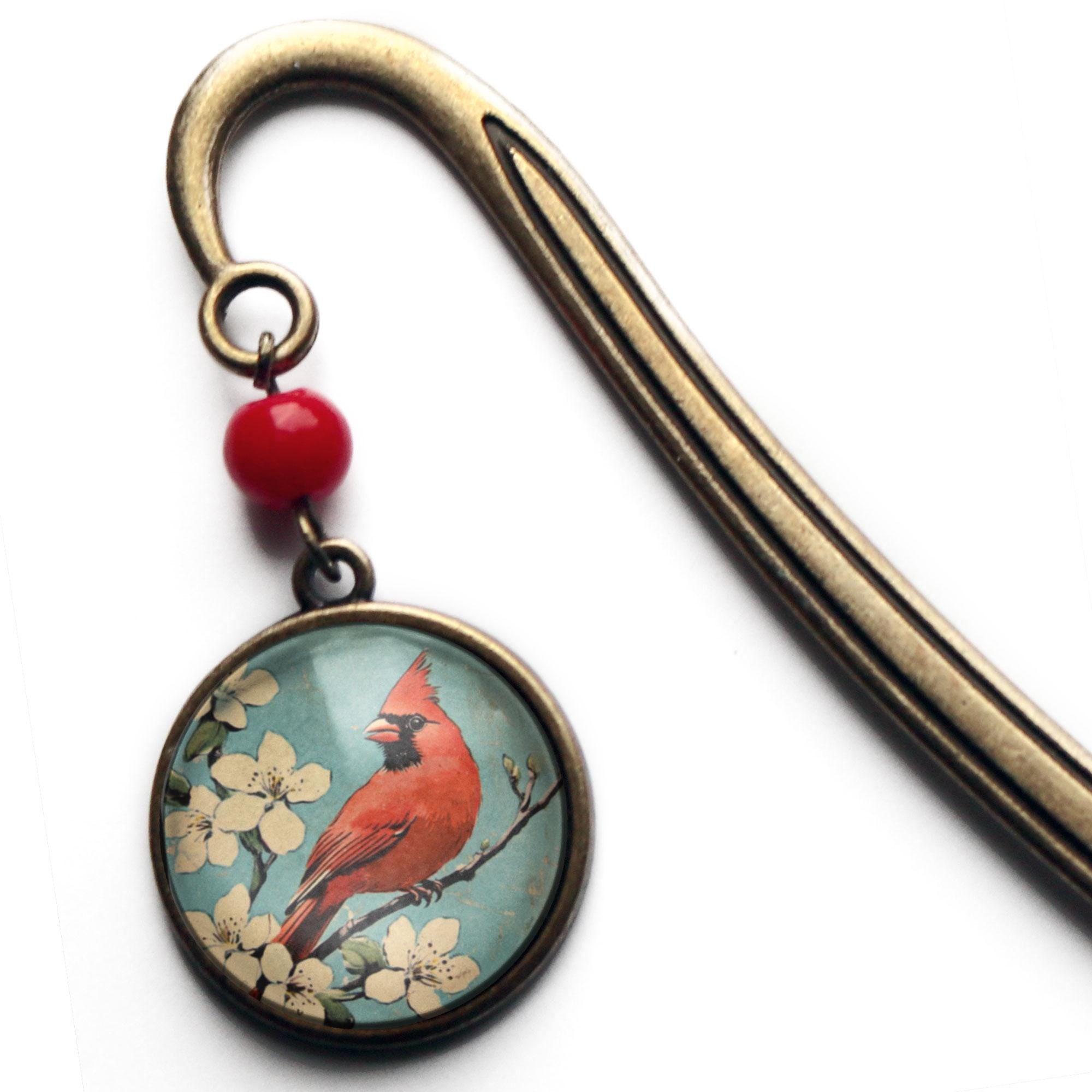 Retro Cardinal Bird Glass Cabochon Brass Book Hook / Bookmark