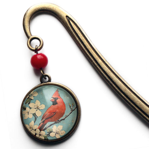 Retro Cardinal Bird Glass Cabochon Brass Book Hook / Bookmark