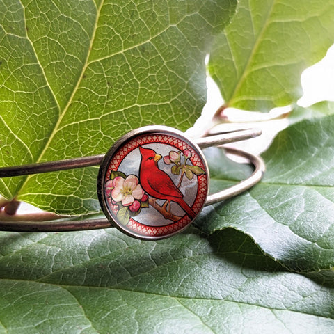 Spring Cardinal Brass and Glass Cabochon Wire Cuff Cottagecore Bracelet