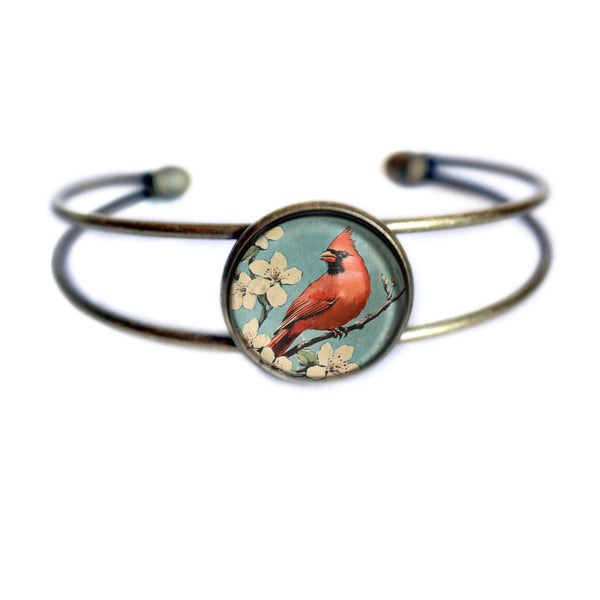 Retro Cardinal Brass and Glass Cabochon Wire Cuff  Bracelet
