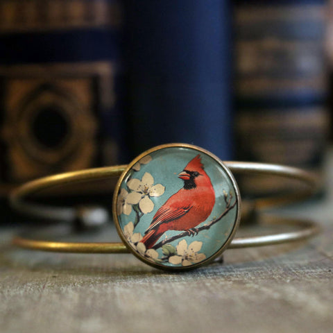 Retro Cardinal Brass and Glass Cabochon Wire Cuff  Bracelet