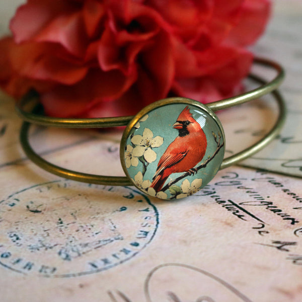 Retro Cardinal Brass and Glass Cabochon Wire Cuff  Bracelet