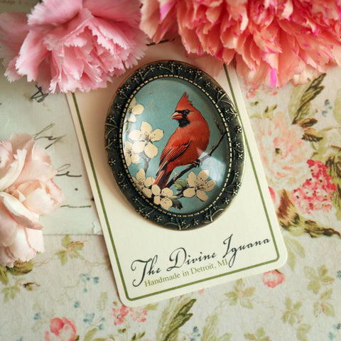 Retro Cardinal Large Oval Cottage Core Brooch