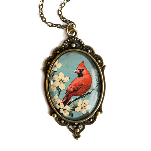 Retro Cardinal Oval Pendant Necklace