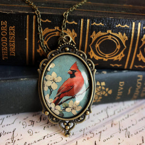 Retro Cardinal Oval Pendant Necklace