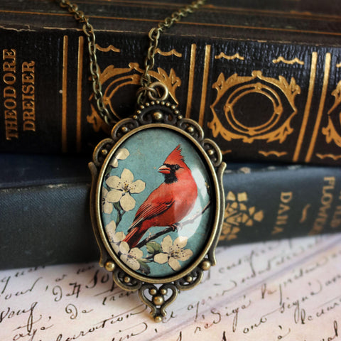Retro Cardinal Oval Pendant Necklace