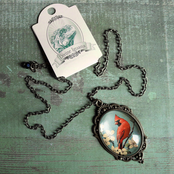 Retro Cardinal Oval Pendant Necklace