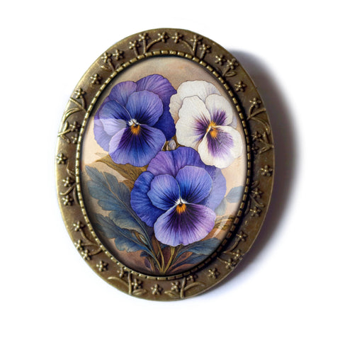 Purple Pansies Large Oval Cottage Core Brooch