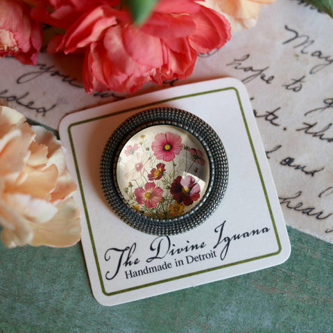 Cosmo Flower Flower Vintage Inspired Cottagecore Glass Cabochon Pin Brooch