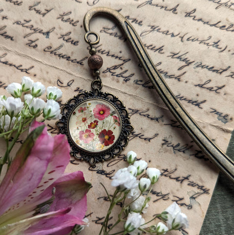 Cosmo Flower Glass Cabochon Cottagecore Brass Book Hook / Bookmark