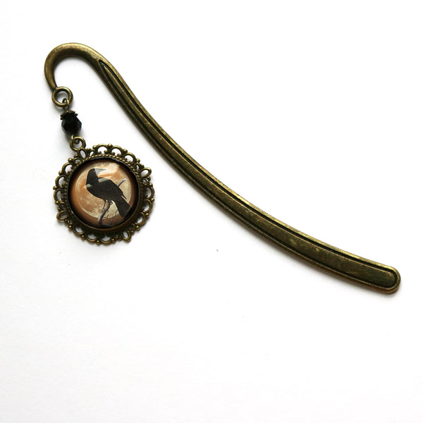 Crow or Raven on Orange Full Moon Glass Cabochon Brass Book Hook / Bookmark