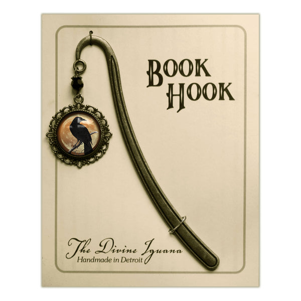 Crow or Raven on Orange Full Moon Glass Cabochon Brass Book Hook / Bookmark
