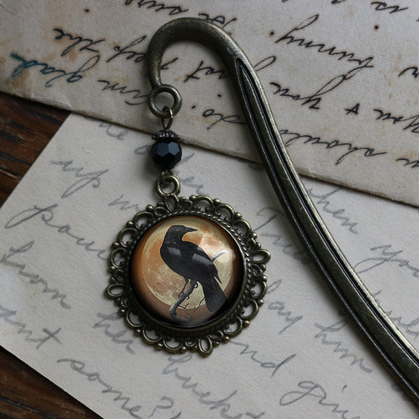 Crow or Raven on Orange Full Moon Glass Cabochon Brass Book Hook / Bookmark