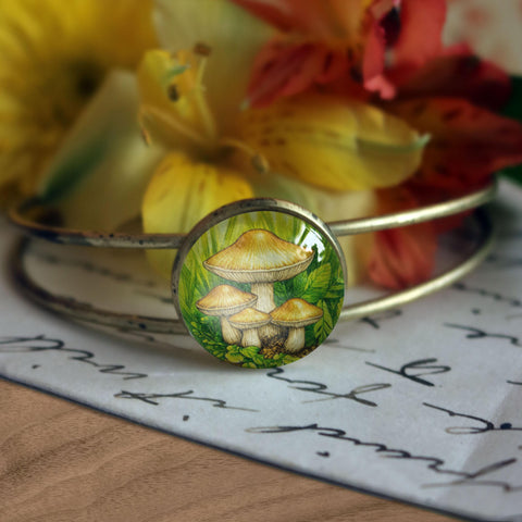 Honey Mushrooms Brass and Glass Cabochon Wire Cuff Cottagecore Bracelet