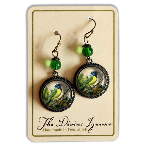 Green Jay Vintage Inspired Glass Cabochon Drop / Dangle Bird Earrings