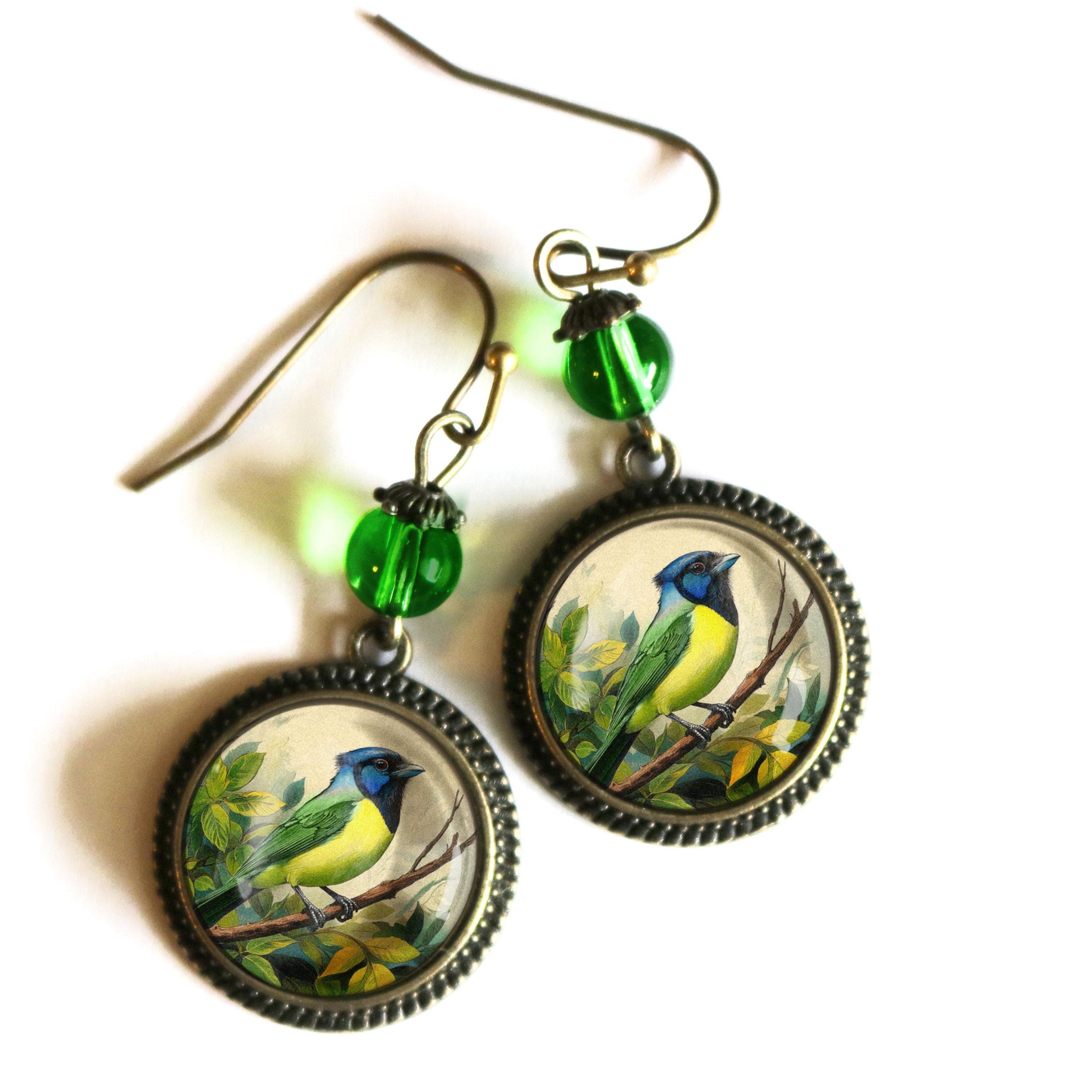 Green Jay Vintage Inspired Glass Cabochon Drop / Dangle Bird Earrings