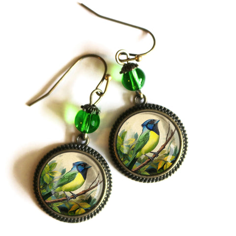 Green Jay Vintage Inspired Glass Cabochon Drop / Dangle Bird Earrings