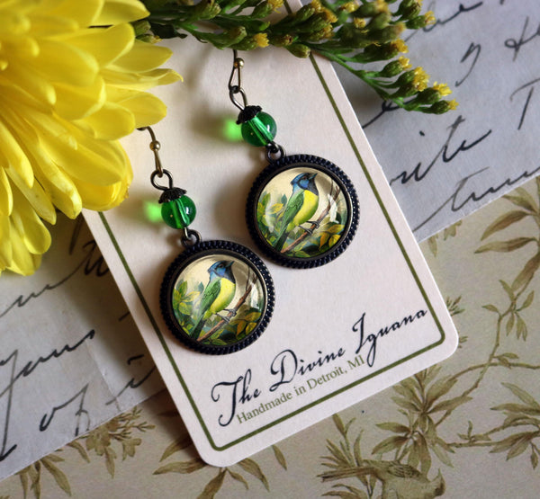 Green Jay Vintage Inspired Glass Cabochon Drop / Dangle Bird Earrings
