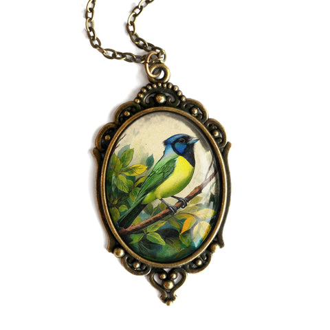 Green Jay Ornate Oval Cottagecore Pendant Necklace