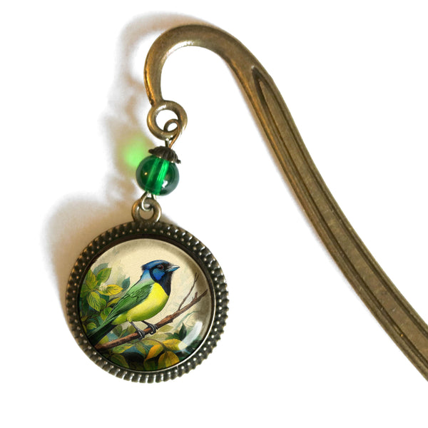 Green Jay Glass Cabochon Brass Bird Book Hook / Bookmark
