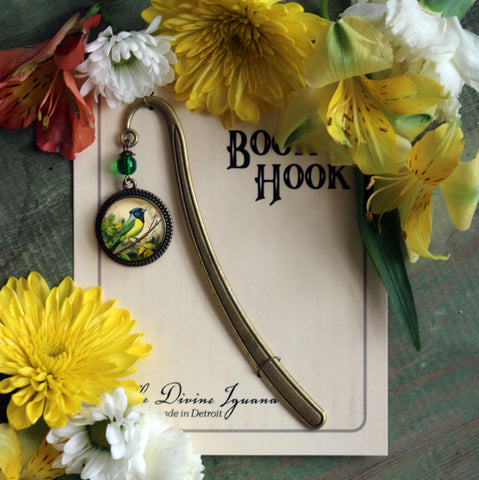 Green Jay Glass Cabochon Brass Bird Book Hook / Bookmark