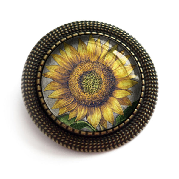 Sunflower Vintage Inspired Glass Cabochon and Brass Pin Brooch