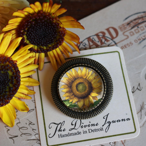 Sunflower Vintage Inspired Glass Cabochon and Brass Pin Brooch