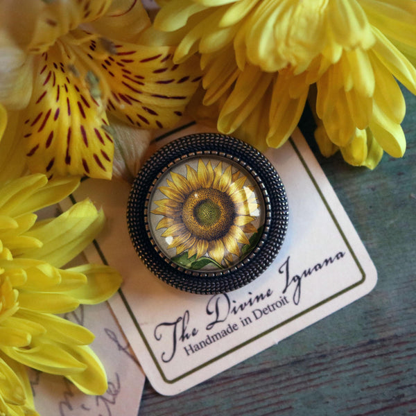 Sunflower Vintage Inspired Glass Cabochon and Brass Pin Brooch