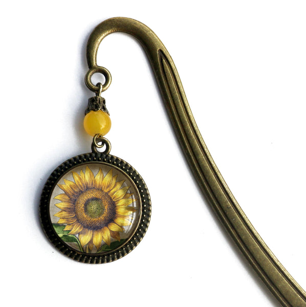 Summer Sunflower Glass Cabochon Brass Book Hook / Bookmark