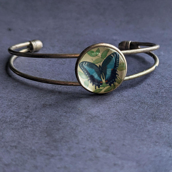 Blue Swallowtail Butterfly Adjustable Charm Bracelet / Bangle in Antique Brass