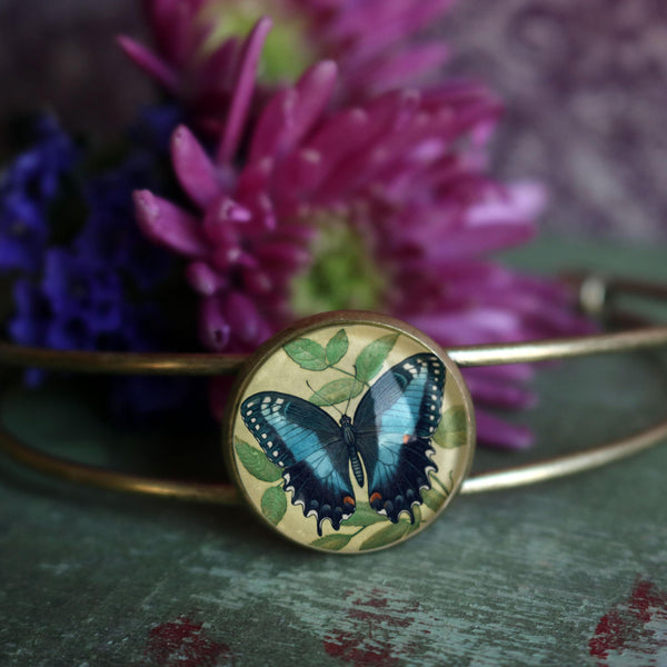 Blue Swallowtail Butterfly Adjustable Charm Bracelet / Bangle in Antique Brass