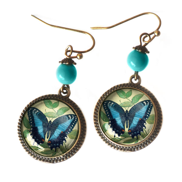 Blue Swallowtail Butterfly Vintage Inspired Drop / Dangle Earrings