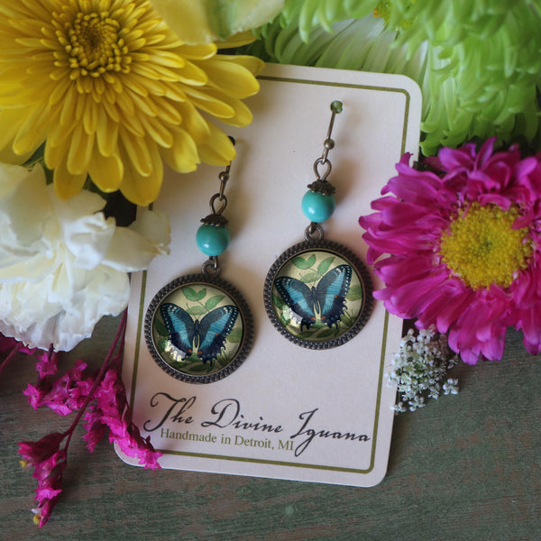 Blue Swallowtail Butterfly Vintage Inspired Drop / Dangle Earrings