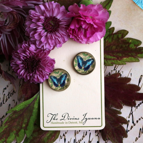 Blue Swallowtail Butterfly Vintage Inspired Stud Earrings