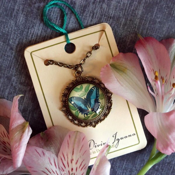 Blue Swallowtail Butterfly Large Pendant Necklace in Ornate Frame