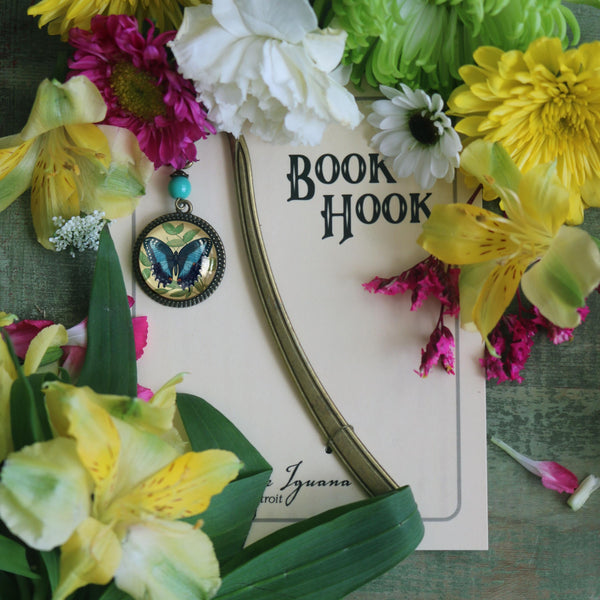 Blue Swallowtail Butterfly Glass Cabochon Brass Book Hook / Bookmark