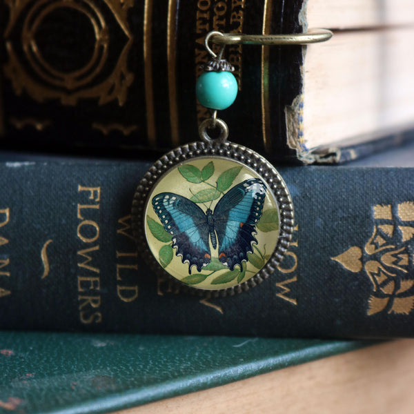 Blue Swallowtail Butterfly Glass Cabochon Brass Book Hook / Bookmark