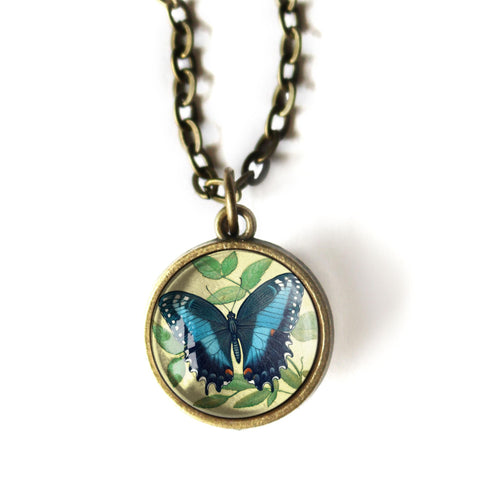 Blue Swallowtail Butterfly Reversible Pendant Necklace