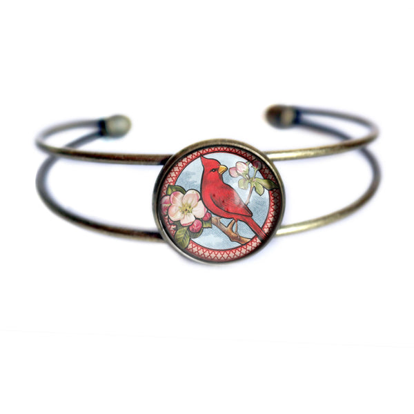 Spring Cardinal Brass and Glass Cabochon Wire Cuff  Bracelet