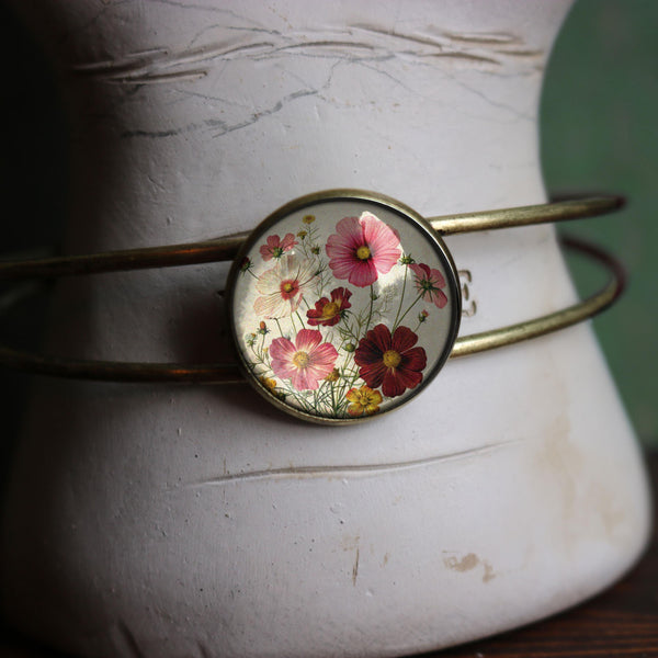 Cosmo Flowers Blossoms Cuff Bracelet / Bangle in Antique Brass