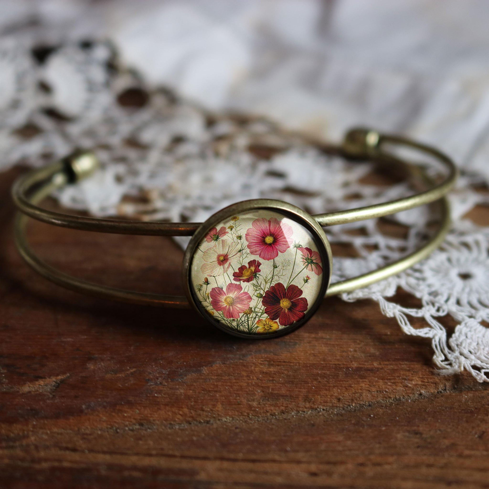 Cosmo Flowers Blossoms Cuff Bracelet / Bangle in Antique Brass