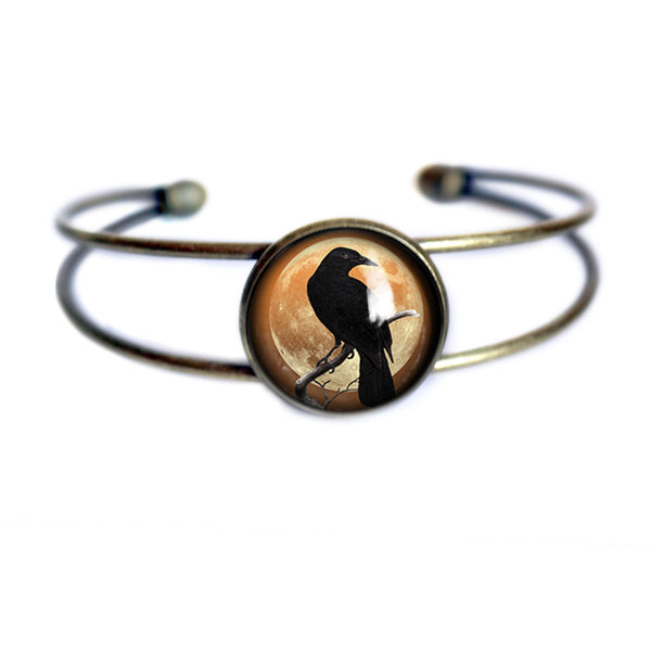 Crow or Raven on Orange Moon Goth / Halloween Cuff Bracelet with Glass Cabochon on Bronze