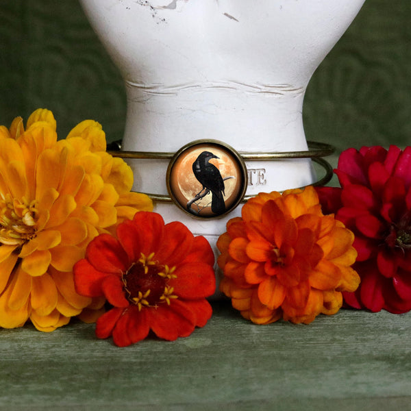 Crow or Raven on Orange Moon Goth / Halloween Cuff Bracelet with Glass Cabochon on Bronze